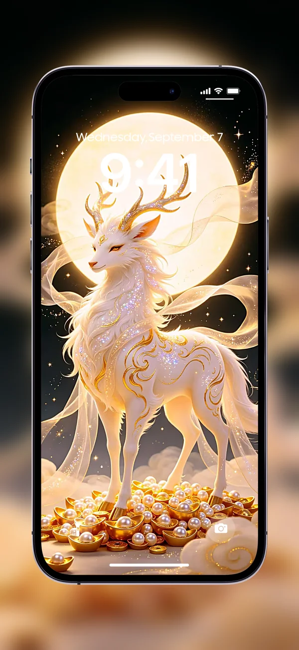 September 2026 lucky wallpaper: golden deer under moonlight, iPhone lock screen preview
